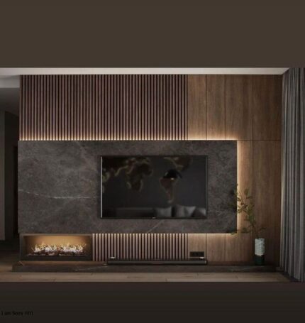 Luxury Stone & Wood Veneer TV Feature Wall with Integrated Fireplace