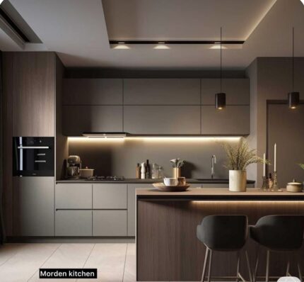 Executive Integrated Kitchen with Long Wood Dining Bar and Seamless Two-Tone Cabinetry
