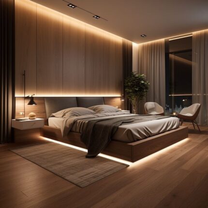 Full-Wall Warm Wood Panel Bedroom with Extensive Integrated LED Lighting