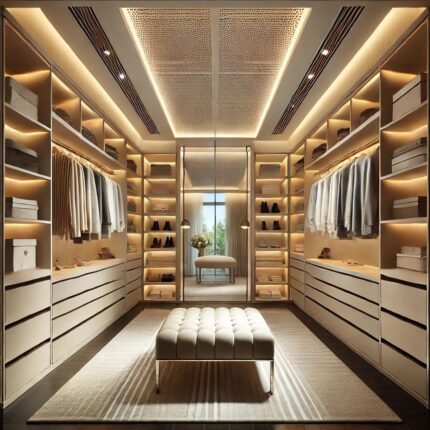 Grand U-Shaped Walk-In Wardrobe with Illuminated Shelving & Perforated Ceiling