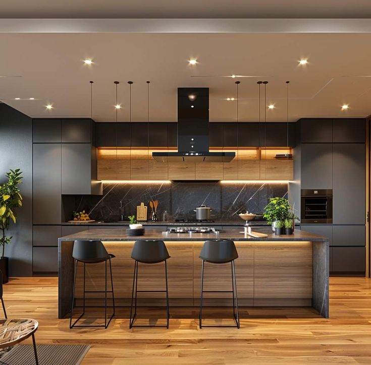 High-Contrast Modular Kitchen with Waterfall Island and Backlit Wood Niche