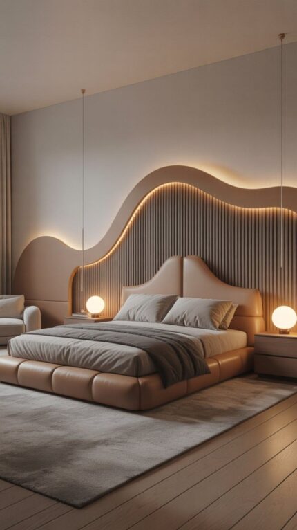 Layered Organic Panel Bedroom Wall with Dual LED Illumination