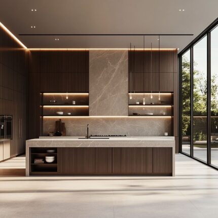 Luxury Dark Wood Kitchen with Central Marble Slab & Integrated Open Shelving