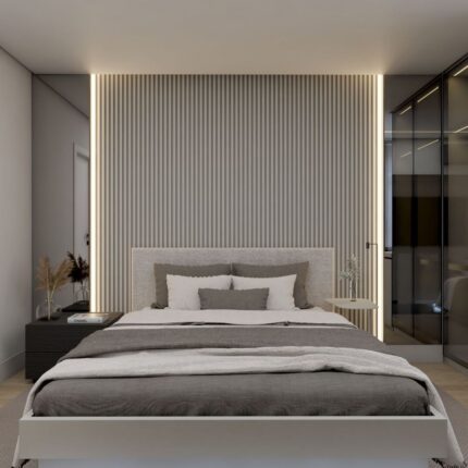 Modern Fluted Panel & Mirrored Accent Bedroom Wall with Vertical LED Lighting